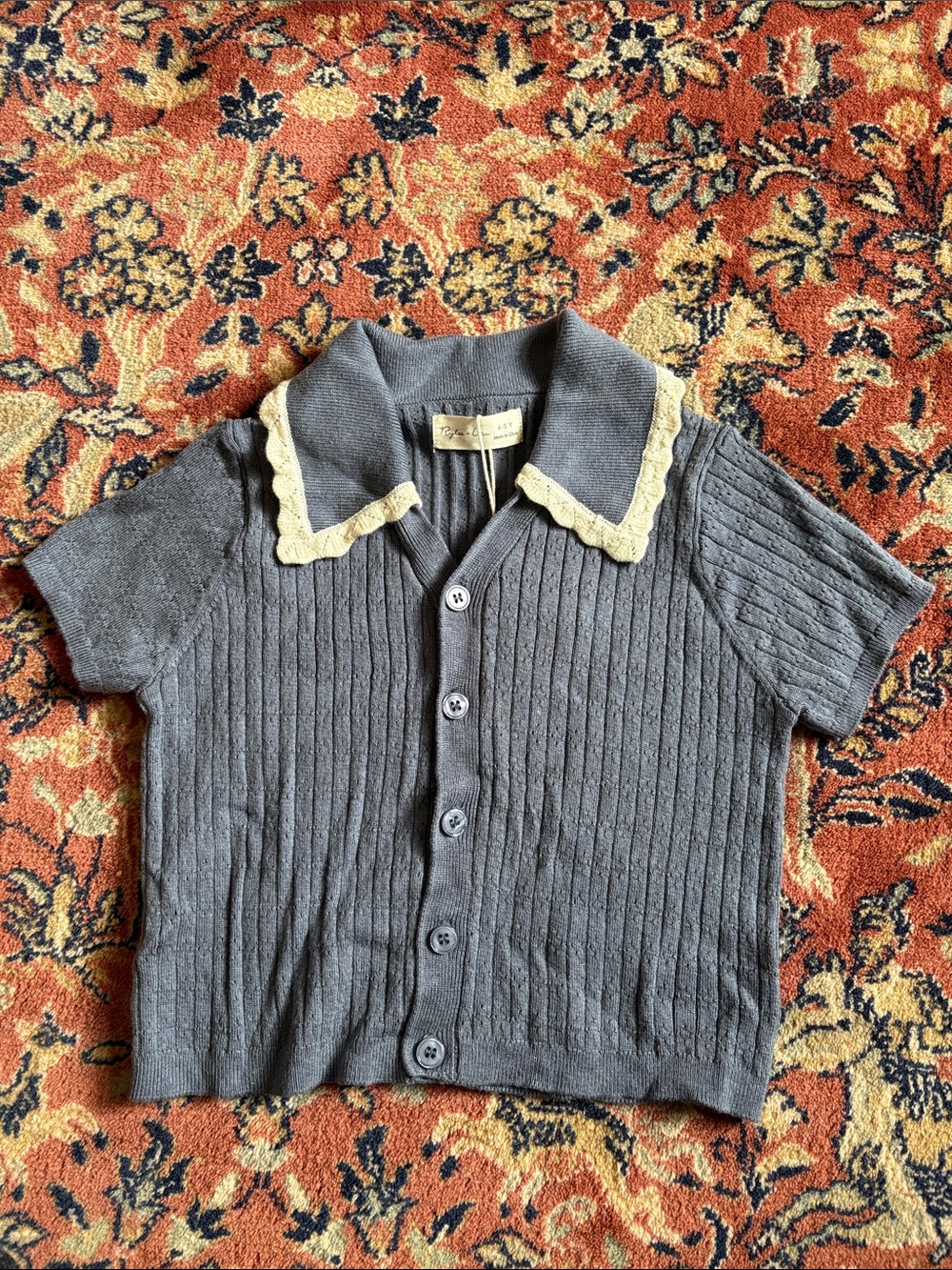 NWT Rylee + Cru Blue Knit Button-Front Top with Cream Lace Collar 4-5 Years
